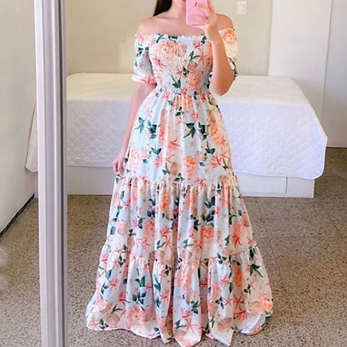 

Women's A Line Dress Maxi long Dress White Black Blue Dark Blue Orange Brown Short Sleeve Floral Butterfly Leopard Ruffle Cold Shoulder Print Spring Summer Off Shoulder Elegant Modern Mature 2022 S M