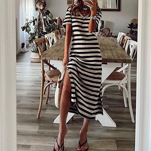 

Women's T Shirt Tee Dress Short Mini Dress Short Sleeve Striped Split Fall Winter V Neck Casual 2022 Dress