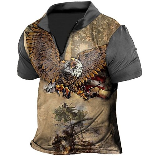 

Men's Unisex Golf Shirt 3D Print Color Block Graphic Prints Eagle Collar Street Daily Zipper Patchwork Short Sleeve Tops Casual Big and Tall Sports Brown / Summer / Summer