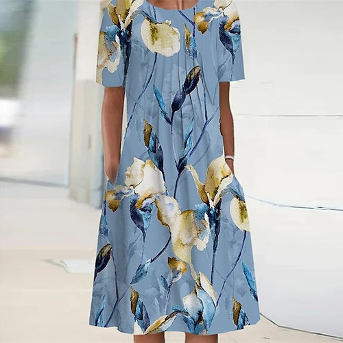 

Women's Shift Dress Knee Length Dress Blue Short Sleeve Floral Pocket Print Spring Summer Crew Neck Elegant Casual Vacation 2022 S M L XL XXL 3XL