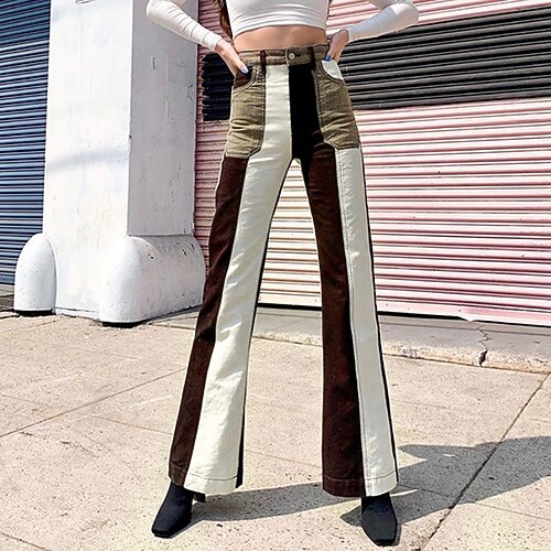

Women's Flare Chinos Pants Trousers Bell Bottom Brown Mid Waist Fashion Casual Weekend Side Pockets Micro-elastic Full Length Comfort Color Block S M L