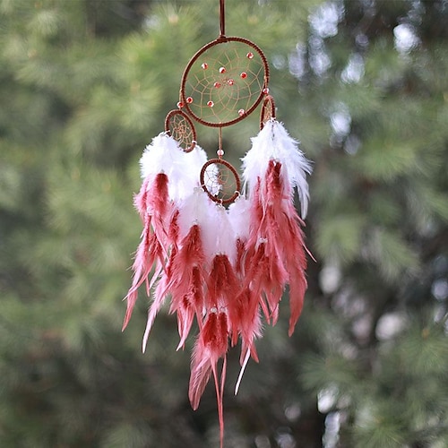 

Red Boho Dream Catcher Handmade Gift Wall Hanging Decor Art Ornament Craft 4 Circles Feather for Kids Bedroom Wedding Festival 1360cm