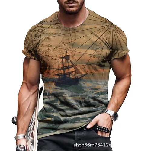 

Men's Unisex T shirt Tee 3D Print Map Graphic Prints Sea Crew Neck Street Daily Print Short Sleeve Tops Designer Casual Big and Tall Sports Blue Dusty Blue Brown / Summer / Summer