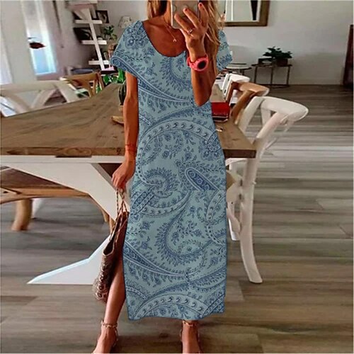 

Women's Shift Dress Maxi long Dress Green Blue Short Sleeve Floral Split Print Spring Summer V Neck Casual Vacation 2022 S M L XL XXL 3XL