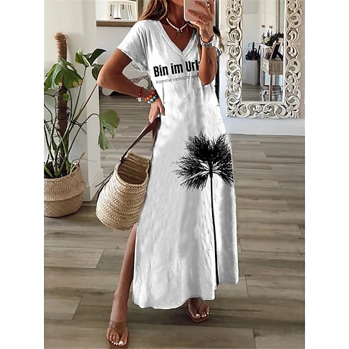 

robe longue Femme Robe casual Manche Courte Printemps Eté Fendu Imprimer Lettre Col V 2022 Vert Bleu Violet Kaki Gris Blanche S M L XL XXL 3XL