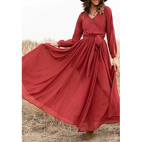 

Women's A Line Dress Maxi long Dress Red Long Sleeve Pure Color With Belt Spring Summer V Neck Stylish Casual 2022 S M L XL XXL 3XL 4XL