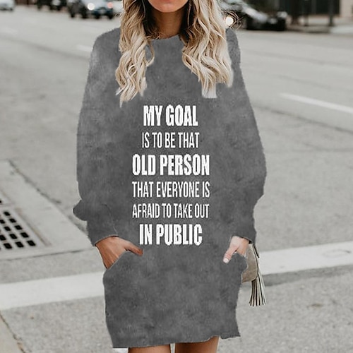 

Women's Shift Dress Short Mini Dress Gray Long Sleeve Fall Letter Pocket Print Fall Winter Hooded Casual 2022 S M L XL XXL 3XL