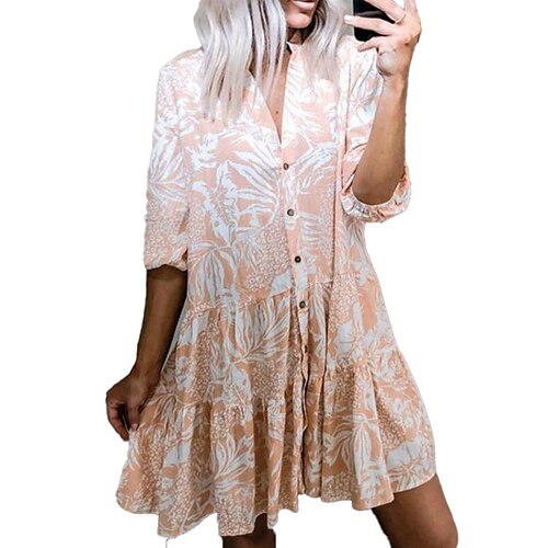 

Women's A Line Dress Short Mini Dress Light Pink Half Sleeve Floral Ruffle Button Print Fall Spring Stand Collar Casual 2022 S M L XL XXL 3XL
