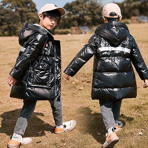 

Kids Boys Down Coat Outerwear Plain Long Sleeve Pocket Coat Daily Cotton Active Cool Black Blue Silver Winter Fall 4-13 Years