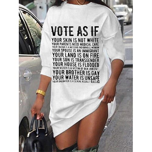 

Women's Shift Dress Short Mini Dress White Long Sleeve Letter Print Fall Spring Crew Neck Casual Fashion 2022 S M L XL XXL 3XL