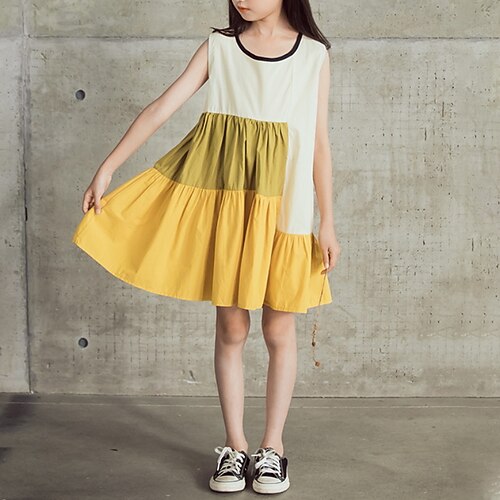 

Kids Little Girls' Dress Color Block A Line Dress Daily Holiday Ruched Patchwork Yellow Above Knee Sleeveless Cute Sweet Dresses Spring Summer Regular Fit 4-13 Years