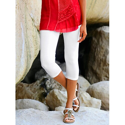 

Women's Leggings White Mid Waist Fashion Casual Weekend Stretchy Calf-Length Tummy Control Plain S M L XL XXL / Skinny