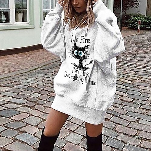 

Women's Shift Dress Short Mini Dress White Long Sleeve Cat Letter Animal Pocket Print Fall Spring Hooded Casual 2022 S M L XL XXL 3XL