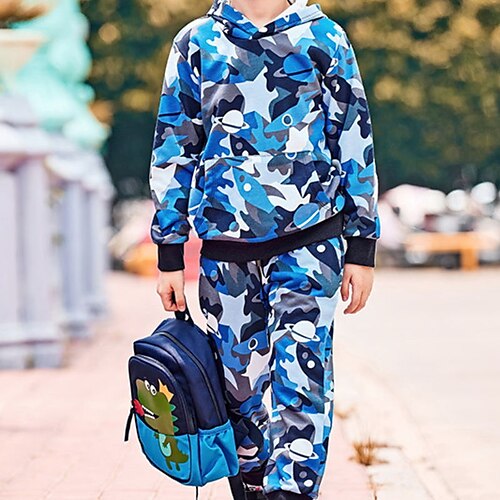 

Kids Boys Hoodie Pants Clothing Set 2 Pieces Long Sleeve Green Blue Camo Camouflage Letter Outdoor Active Cool 2-8 Years