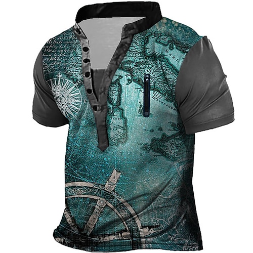 

Men's T shirt Tee Henley Shirt Tee Graphic Stand Collar Green Blue Purple Yellow Red 3D Print Navigation Plus Size Outdoor Daily Short Sleeve Zipper Button-Down Clothing Apparel Basic Designer Casual