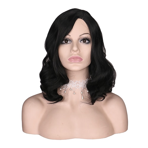 

Synthetic Wig Natural Wave Side Part Machine Made Wig 16 inch Synthetic Hair Women's Adjustable Color GradientHigh Quality Black