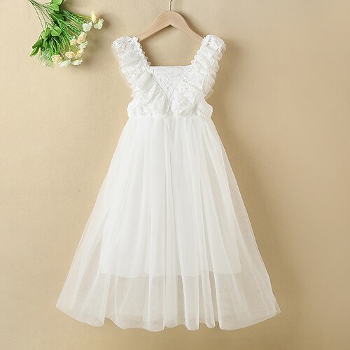 

Kids Little Girls' Dress Solid Colored Mesh Lace White Maxi Sleeveless Cute Dresses Summer Regular Fit 1 PC 4-13 Years