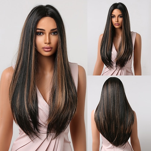 

HAIRCUBE 24 Inch Long Straight Middle Part Wigs for Women Ombre Brown Balayage Hair