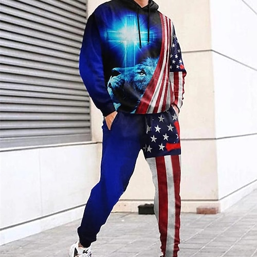 

Men's Tracksuit Hoodies Set Graphic Patterned National Flag 2 Piece Print Sports Outdoor Casual Sports 3D Print Sportswear Basic Essential Hoodies Sweatshirts Blue Red