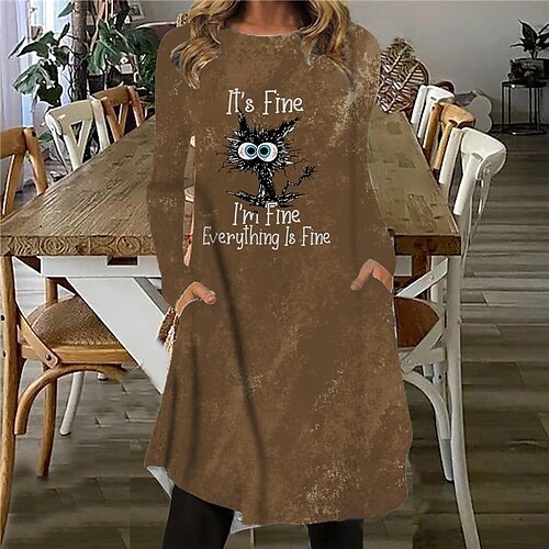 

Women's Shift Dress Knee Length Dress Green Gray Brown Long Sleeve Cat Letter Animal Pocket Print Fall Spring Crew Neck Casual Vacation 2022 S M L XL XXL 3XL