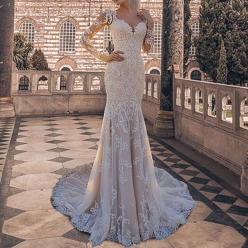 

Mermaid / Trumpet Wedding Dresses Square Neck Court Train Lace Tulle 3/4 Length Sleeve Formal Romantic Sexy Backless with Appliques 2022