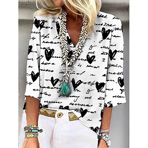 

Women's Shirt Flower Daily Floral Shirt 3/4 Length Sleeve Print V Neck Casual White Light Blue S