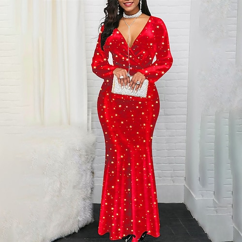 

Women's Plus Size Party Dress Print V Neck Ruched Long Sleeve Fall Winter Prom Dress Maxi long Dress Party Daily Dress