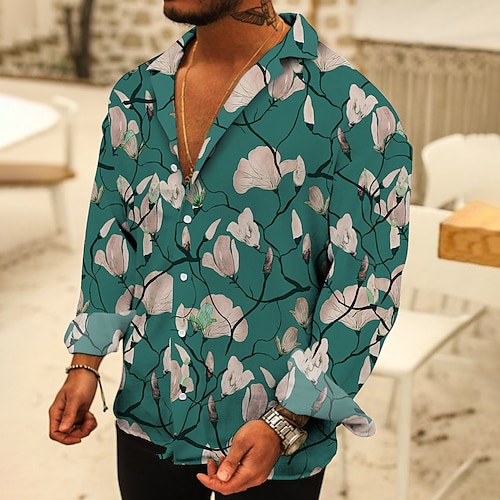 

Men's Shirt 3D Print Floral Turndown Casual Daily Button-Down Print Long Sleeve Tops Designer Casual Fashion Comfortable Green