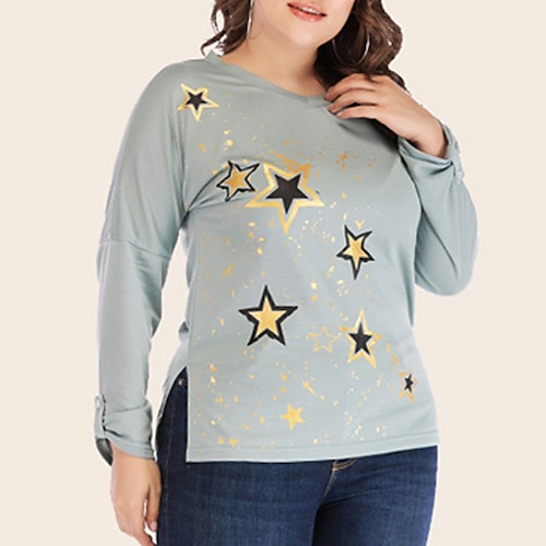 

Women's Plus Size Tops T shirt Tee Galaxy Print Long Sleeve Crewneck Streetwear Daily Going out Polyester Fall Summer LightBlue