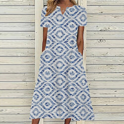 

Women's A Line Dress Midi Dress Blue Purple Yellow Short Sleeve Geometric Pocket Print Spring Summer V Neck Casual Vacation 2022 S M L XL XXL 3XL