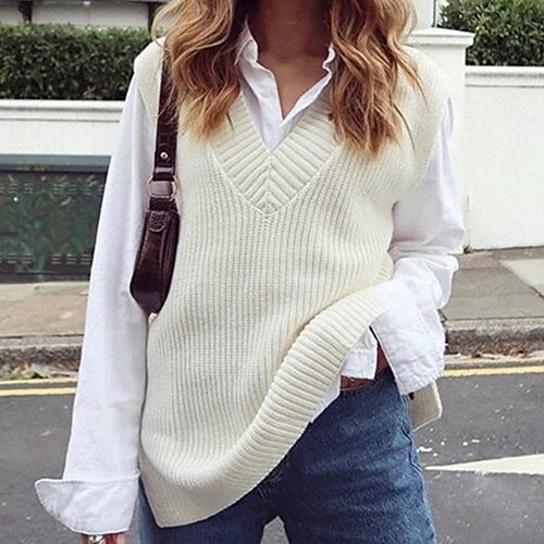 

Women's Sweater Vest Jumper Ribbed Knit Knitted Pure Color V Neck Stylish Casual Daily Holiday Winter Fall White S M L / Sleeveless / Sleeveless / Regular Fit