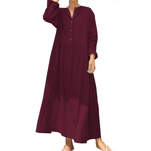 

Women's Pajamas Nightgown Dress Nighty Pure Color Comfort Home Cotton Crew Neck Long Sleeve Button Fall Spring Wine Khaki / Pjs