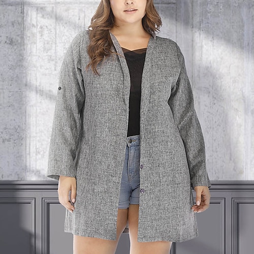 

Women's Plus Size Trench Coat Button Plain Holiday Date Long Sleeve Rolled collar Long Fall Winter Gray XL XXL 3XL 4XL 5XL