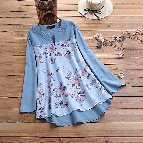 

Women's Plus Size Tops Blouse Shirt Floral Button Print Long Sleeve V Neck Streetwear Daily Vacation Polyester Fall Winter Pink LightBlue