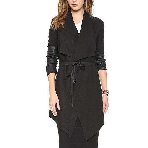 

Women's Coat Casual Jacket Long Stylish Lace up Coat Black Casual Street Fall Cardigan Turndown Regular Fit S M L XL XXL 3XL