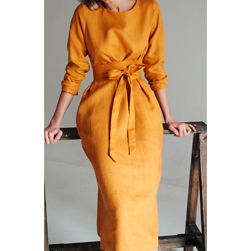 

Women's Bodycon Midi Dress Yellow 3/4 Length Sleeve Pure Color With Belt Spring Summer Party Crew Neck Stylish Casual 2022 S M L XL XXL 3XL 4XL