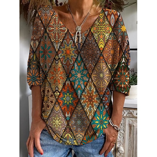 

Women's T shirt Tee Geometric Casual Daily Geometric T shirt Tee 3/4 Length Sleeve Print V Neck Basic Essential Brown S / 3D Print