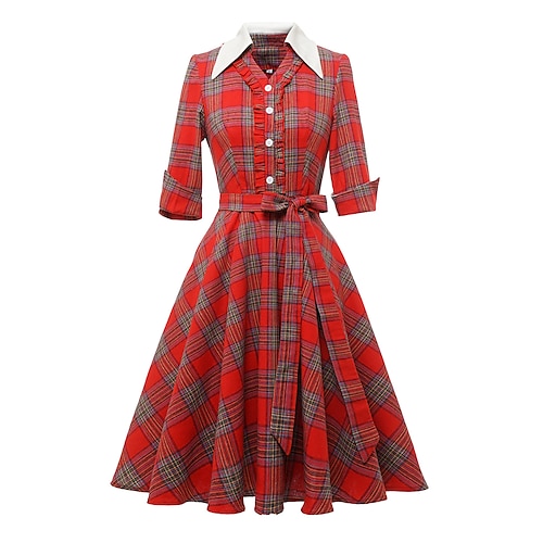 

vestido longo vintage audrey hepburn dos anos 1950 100% algodão vestido flare vintage retrô com cinto royal stewart xadrez tartan roupa diária vestido de chá manga 3/4