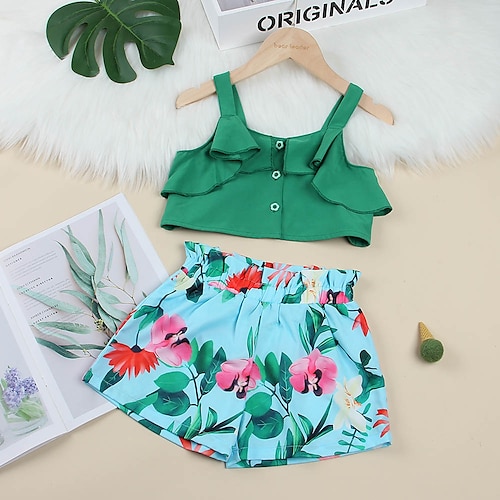 

Kids Toddler Girls' Tank Shorts Clothing Set 2 Pieces Sleeveless Green Floral Ruffle Patchwork Vacation Casual Daily Active Short 2-6 Years