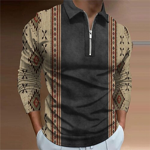 

Men's Collar Polo Shirt Golf Shirt Geometry Turndown Khaki 3D Print Outdoor Street Long Sleeve Zipper Print Clothing Apparel Fashion Designer Casual Breathable