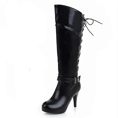 

Women's Boots Daily Knee High Boots Winter Stiletto Heel Round Toe Minimalism PU Leather Zipper Solid Colored Black Red Brown