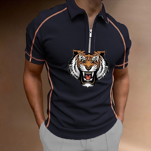 

Men's Collar Polo Shirt Golf Shirt Animal Tiger Turndown White Black 3D Print Outdoor Street Short Sleeves Zipper Print Clothing Apparel Fashion Designer Casual Breathable / Summer / Spring / Summer