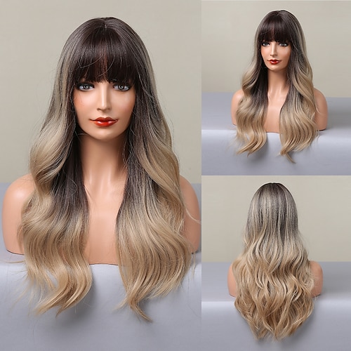 

HAIRCUBE Ombre Brown Auburn Blonde Hair Long Wavy Wigs With Bangs for Women Daily