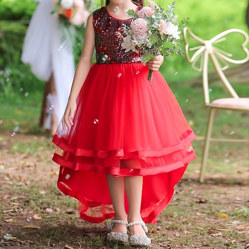 

Wedding Christmas Ball Gown Flower Girl Dresses Jewel Neck Asymmetrical Polyester Tulle Spring Summer with Tier Bandage Cute Girls' Party Dress Fit 3-16 Years