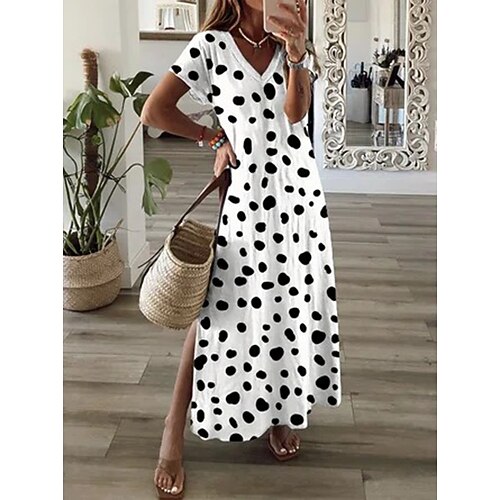 

Women's Shift Dress Maxi long Dress White Short Sleeve Polka Dot Split Print Spring Summer V Neck Casual Vacation 2022 S M L XL XXL 3XL
