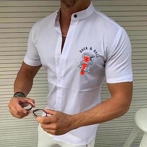 

Men's Shirt Solid Color Snake Standing Collar Street Casual Button-Down Print Half Sleeve Tops Designer Casual Fashion Breathable White Black Wine / Summer