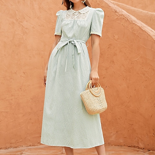 

Women's A Line Dress Midi Dress Light Green Short Sleeve Plaid Lace up Lace Puff Sleeve Spring Summer Crew Neck Stylish Fashion Modern Puff Sleeve 2022 S M L XL