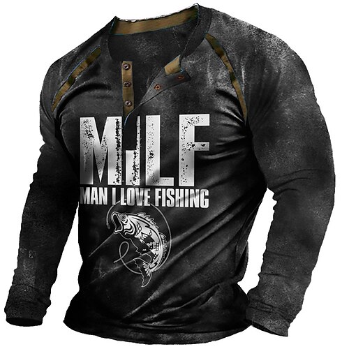 

Men's Henley Shirt T shirt Tee 3D Print Graphic Patterned Letter Henley Street Casual Patchwork Button-Down Long Sleeve Tops Designer Basic Fashion Classic Black / Summer