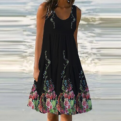 

Women's Shift Dress Knee Length Dress Black Sleeveless Floral Pocket Print Spring Summer U Neck Casual Vacation 2022 S M L XL XXL 3XL