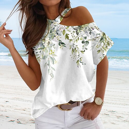 

Women's Floral Casual Holiday Weekend Floral Painting T shirt Tee Short Sleeve Cut Out Print One Shoulder Basic Essential Tops White S / 3D Print